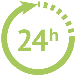 Grünes Symbol mit 24h und Pfeil für rund um die Uhr geöffnet.