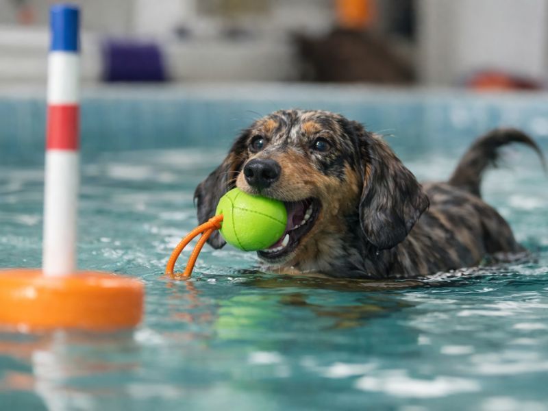Hund im Hundeschwimmparcours im Pool einer Hundeschwimmhalle.
