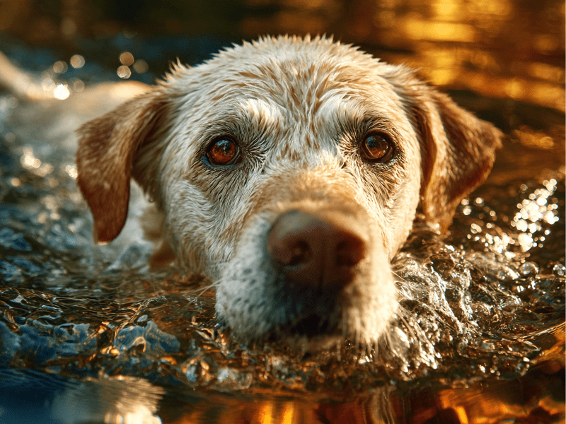 Ein Hund schwimmt durchs Wasser und schaut direkt in die Kamera.